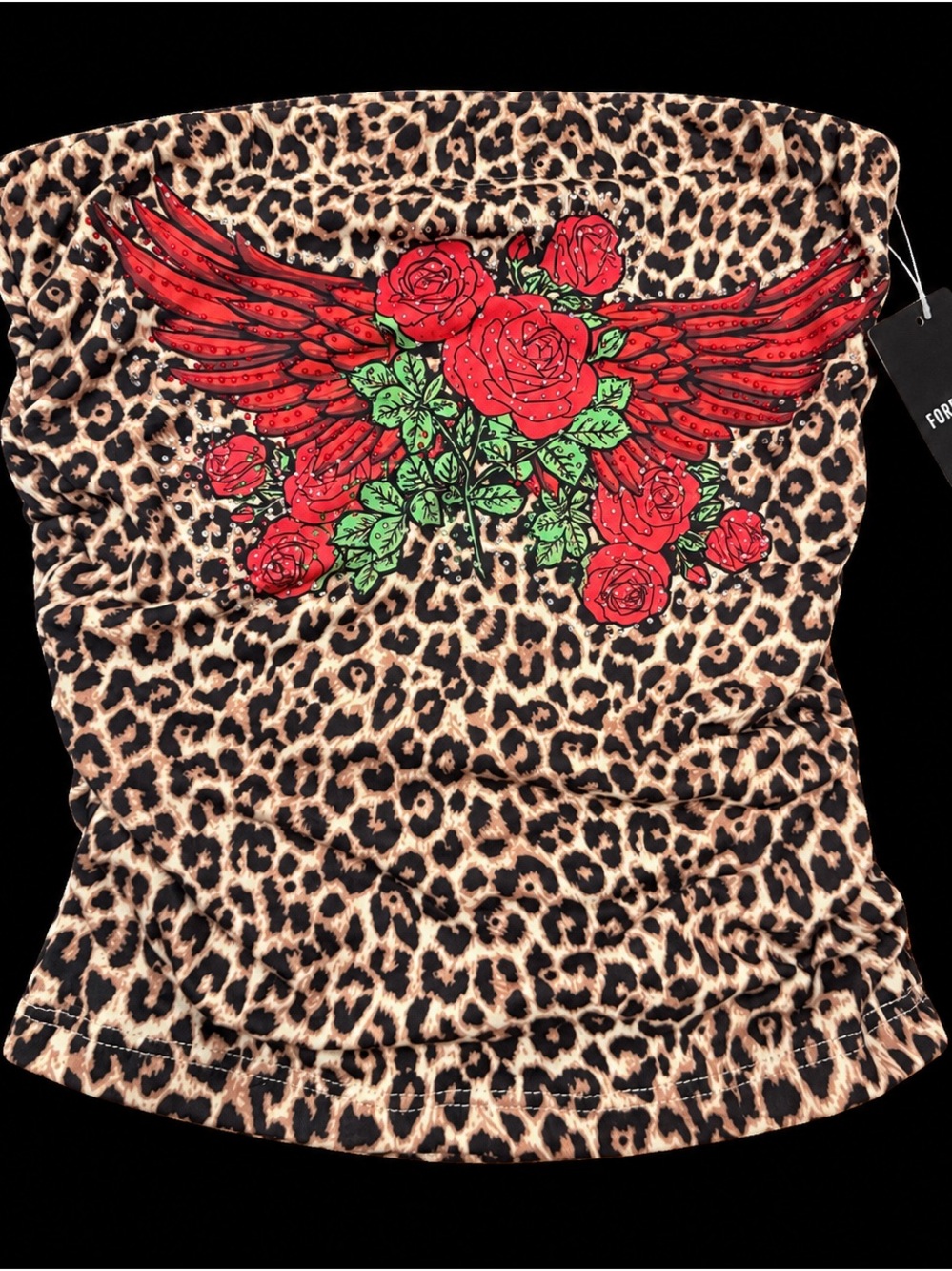 Forever 21 Leopard Tube Top with Red Rose and Wing Graphic